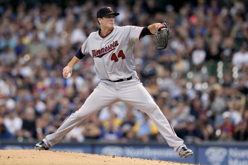 Kyle Gibson #44 of the Minnesota Twins pitches in the second inning against the Milwaukee...