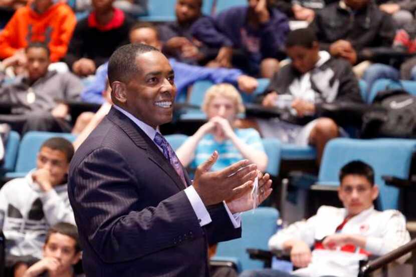 Plano Mayor Harry LaRosiliere speaks to a group of young men during an event at the Plano...