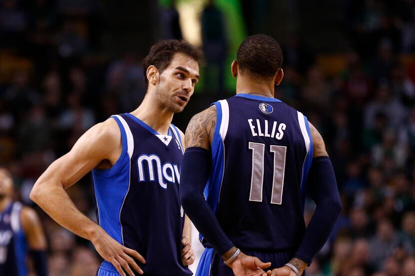 Feb 9, 2014; Boston, MA, USA; Dallas Mavericks point guard Jose Calderon (left) and shooting...