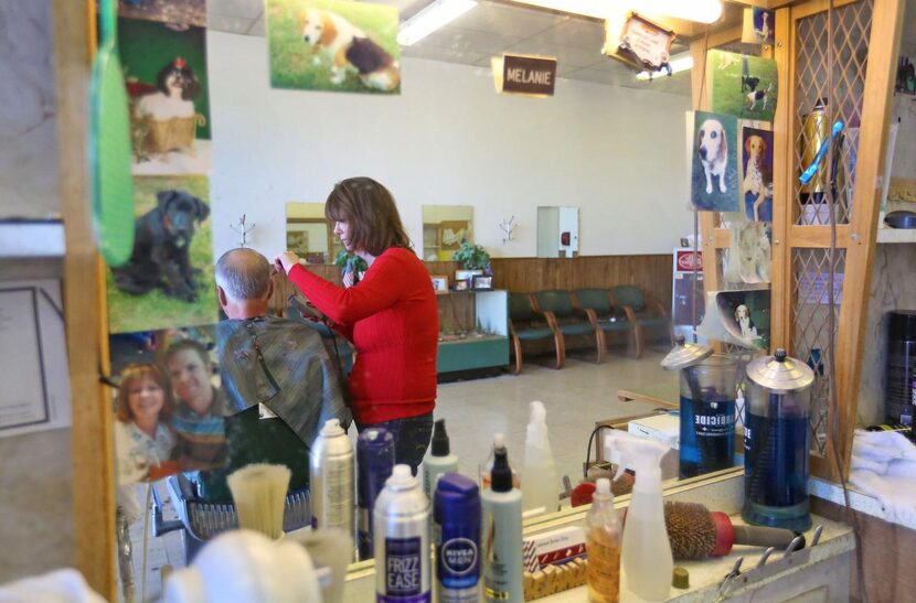 
Melanie Rider, the owner of the Lakeland Barber Shop in East Dallas, cuts 15-year client...