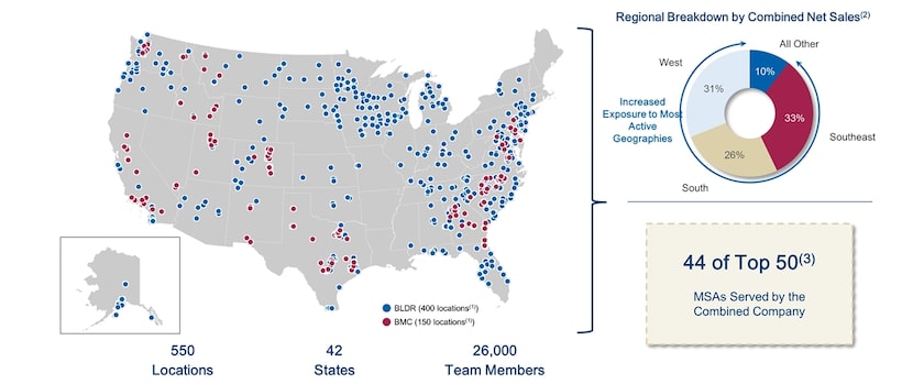 The new geographic footprint from the combination of Builders FirstSource and BMC.