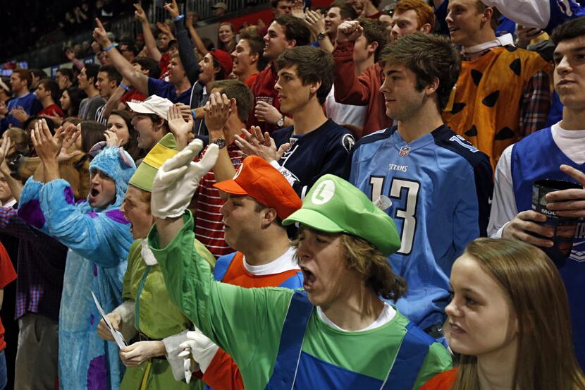 Southern Methodist  students in "The Mob" section cheer during their men's NCAA college...