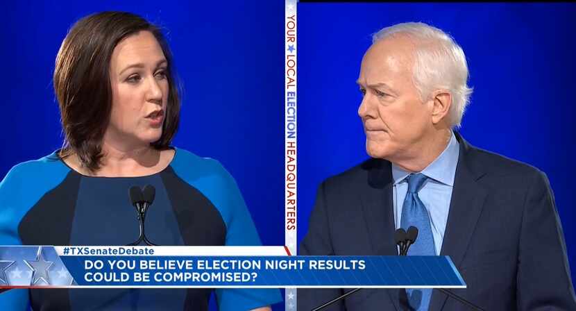 In this frame grab from video, incumbent Republican U.S. Sen. John Cornyn of Texas listens...