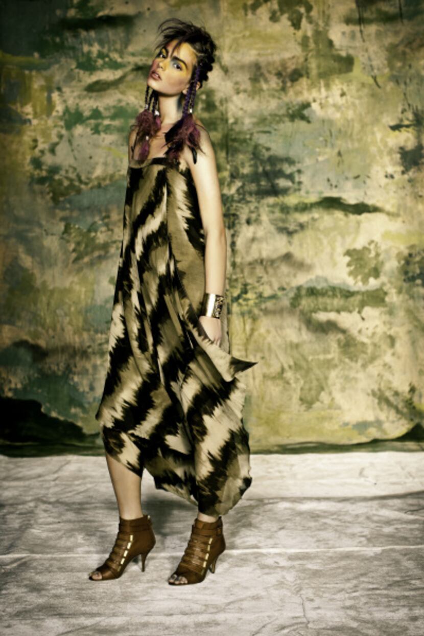 Michael Kors olive/sage sabora print striped chiffon scarf dress, $2995, Neiman Marcus...