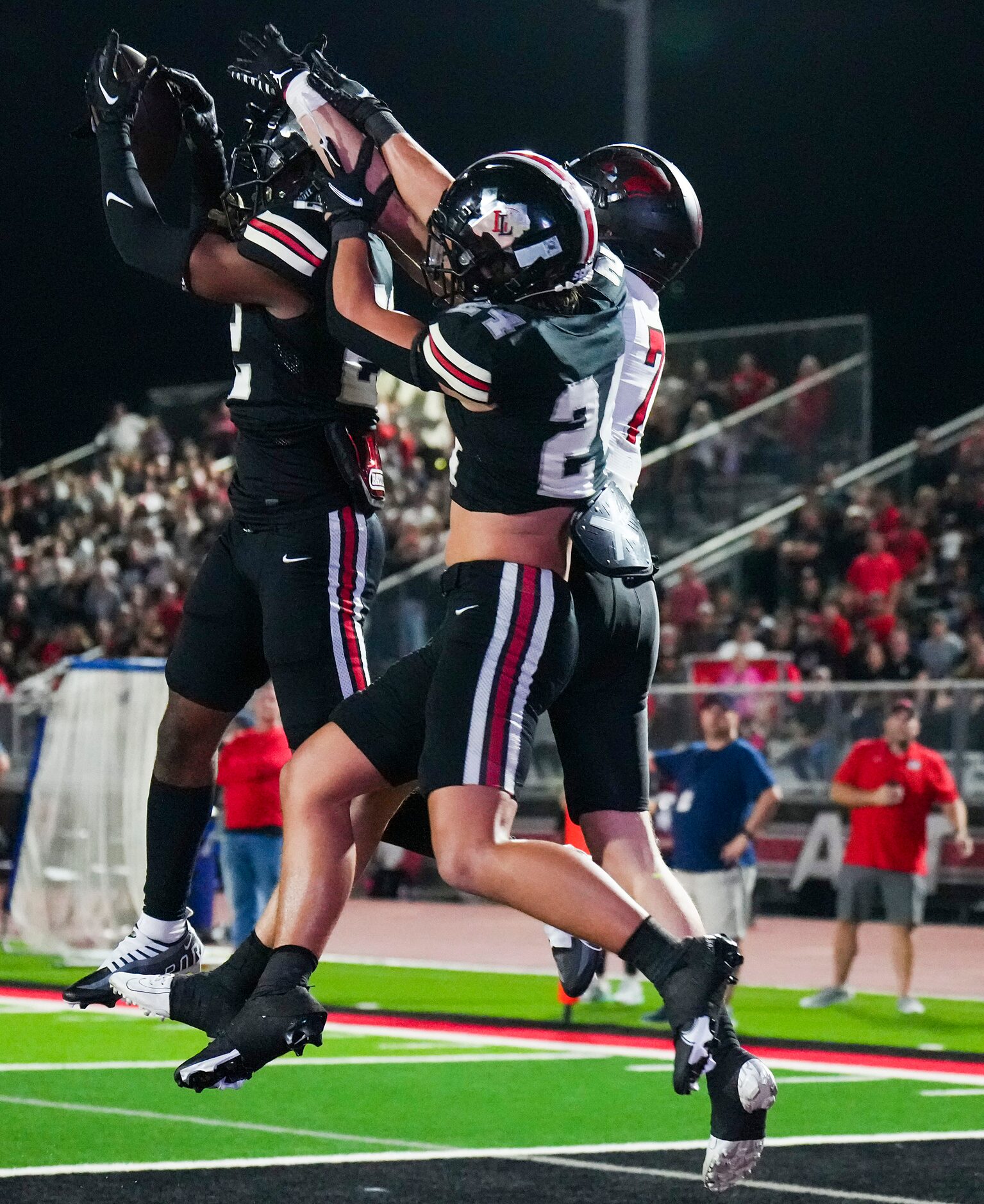 Lovejoy defensive back Roddy Mapps (22) intercepts a pass in the end zone intended for...