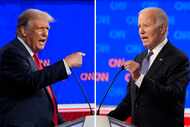 This combination of photos shows Republican presidential candidate former President Donald...