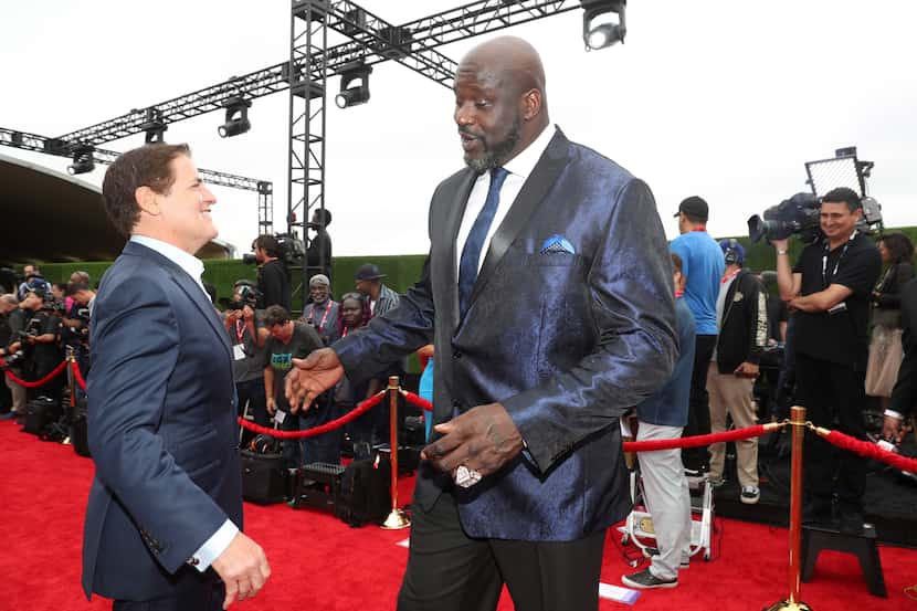 Dallas Mavericks owner Mark Cuban and Shaquille O'Neal attend the 2019 NBA Awards presented...