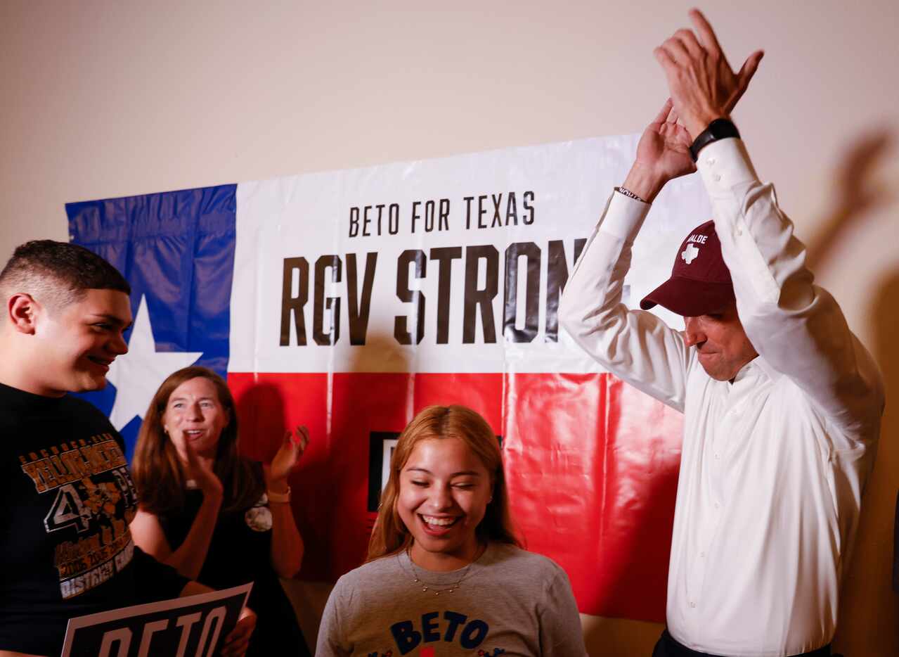 Democratic gubernatorial candidate Beto O'Rourke, right, and his wife Amy cheer as new...