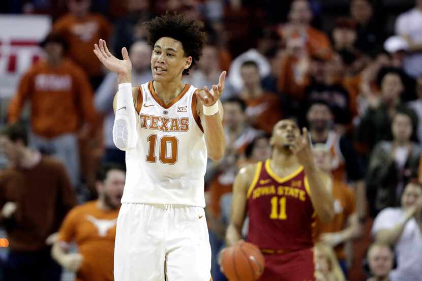 Texas forward Jaxson Hayes (10) celebrates after scoring against Iowa State during the first...