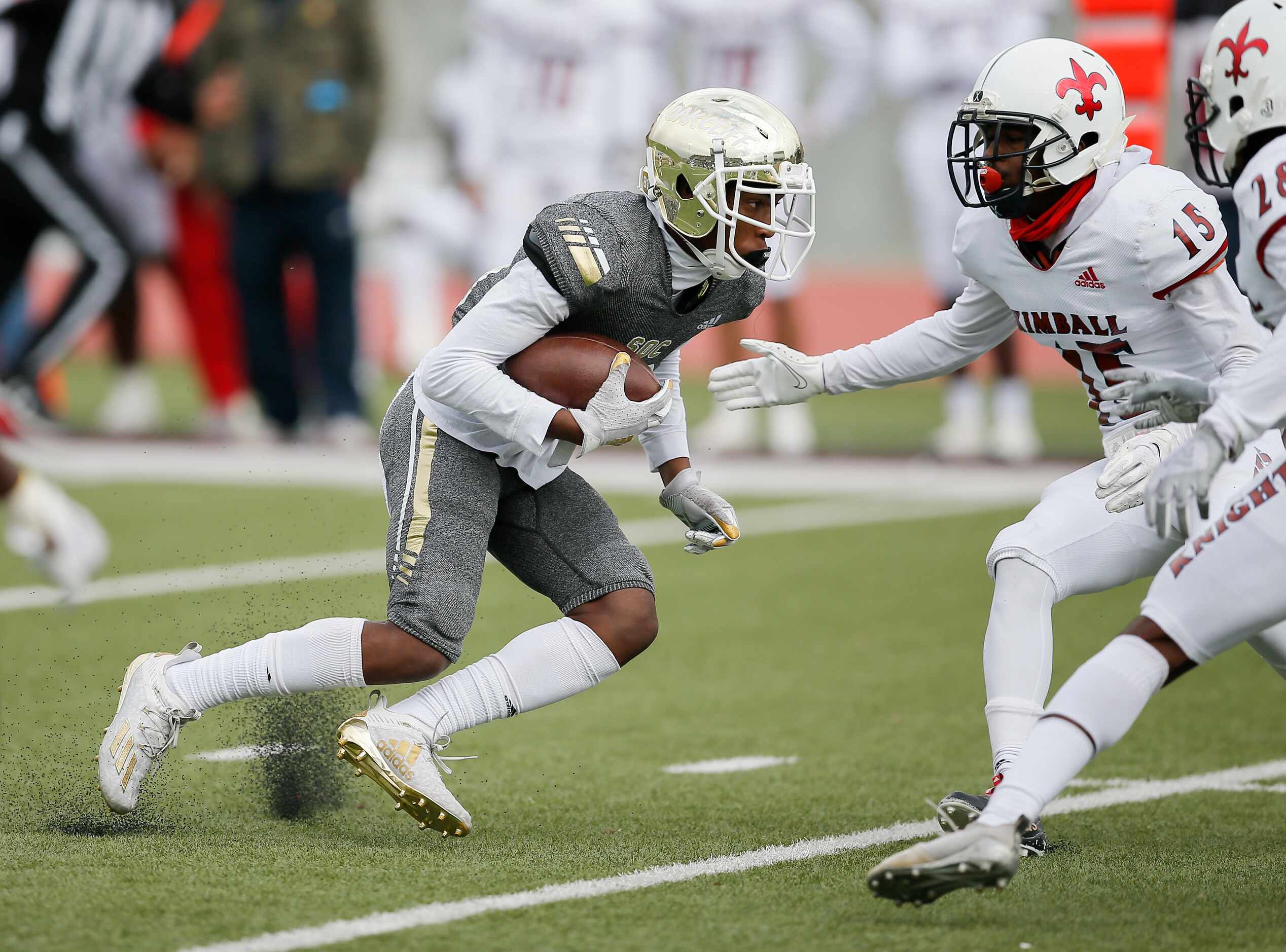 South Oak Cliff junior wide receiver Silas Cottoningham (81) looks for room against Kimball...