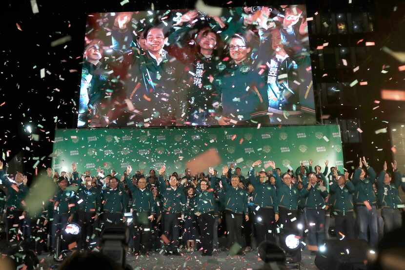 Taiwanese Vice President Lai Ching-te, also known as William Lai, celebrates his victory...