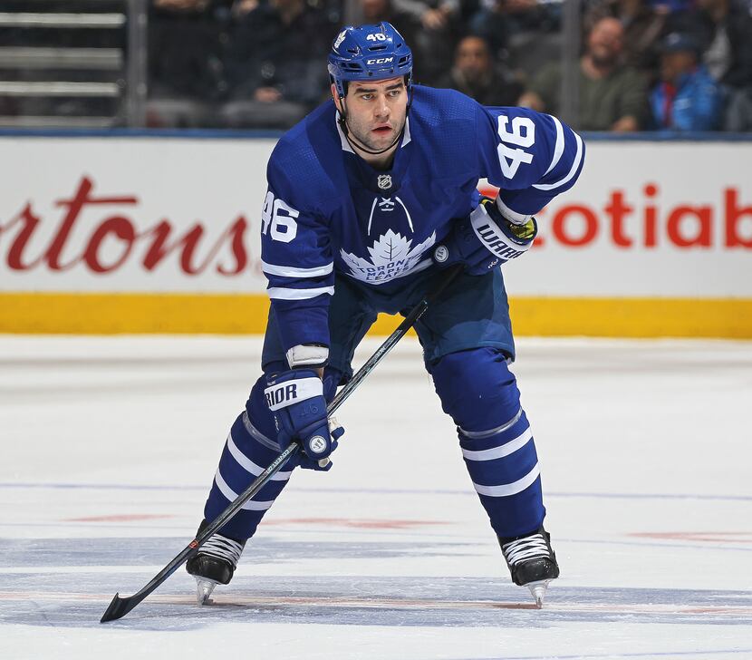 TORONTON, ON - JANUARY 6:  Roman Polak #46 of the Toronto Maple Leafs waits for a puck drop...