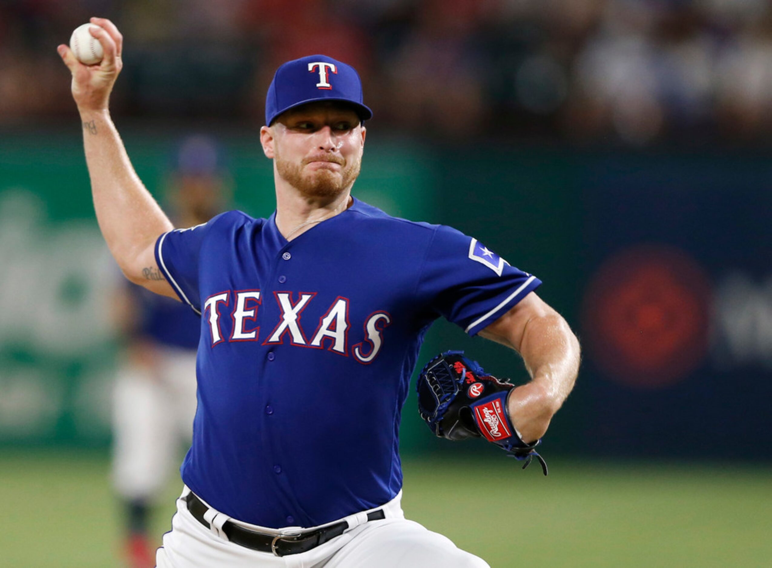 Texas Rangers starting pitcher Shelby Miller (19) pitches during the eighth inning of play...