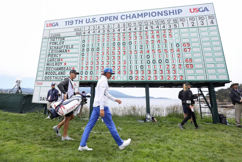 PEBBLE BEACH, CALIFORNIA - JUNE 13: Rickie Fowler of the United States walks off the 18th...