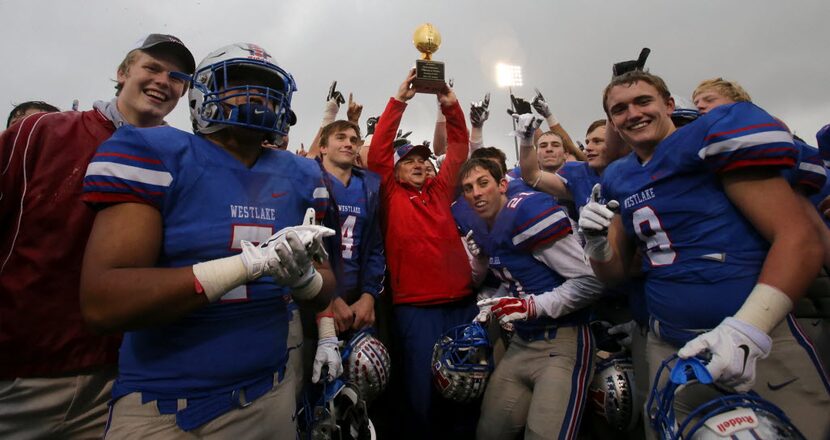 Westlake head coach Todd Dodge, center, celebrates the 56-7 victory over North Mesquite...