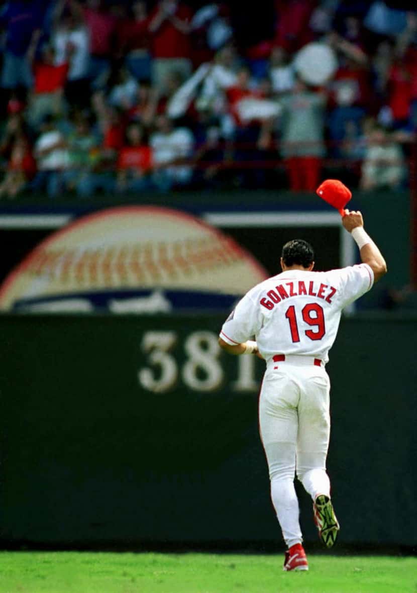 Texas Rangers' Juan Gonzalez, voted the American League  Most Valuable Player for 1996, tips...