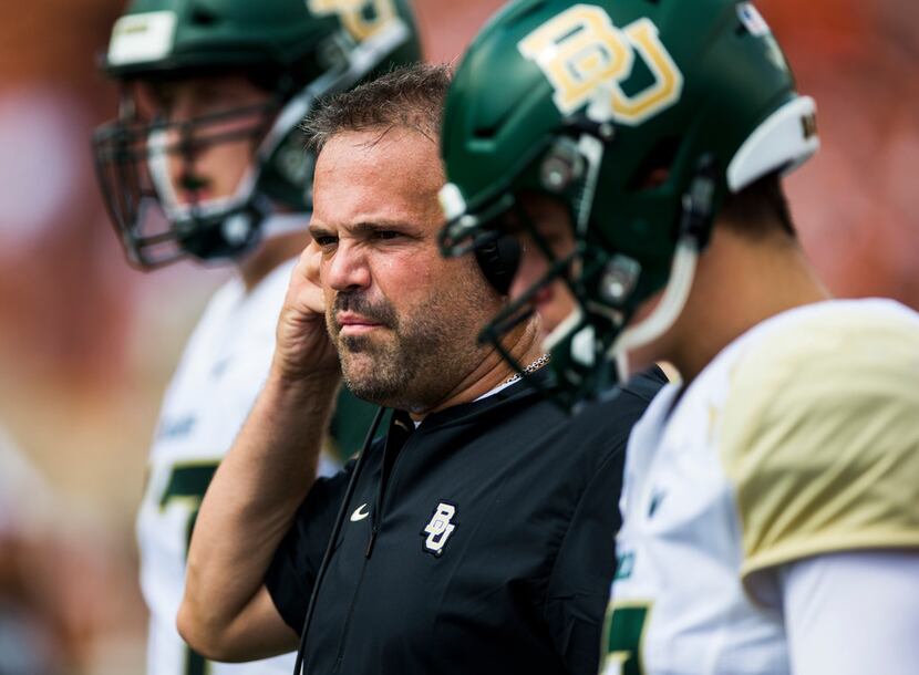 FILE - Baylor Bears head coach Matt Rhule watches from the sidelines during the first...