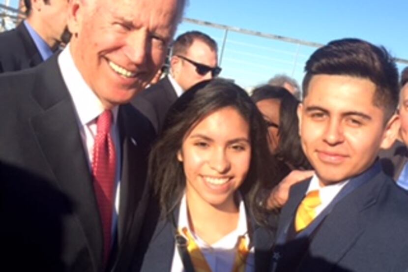  Vice President Joe Biden with Cristo Rey freshmen America Rodriguez and Ryan Torres.