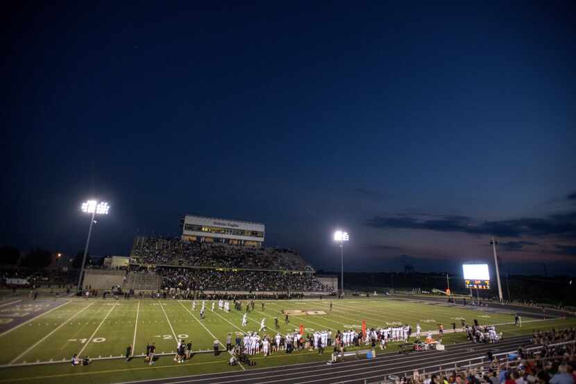 An overall view of a high school football game between DeSoto and Denton Guyer at Eagle...