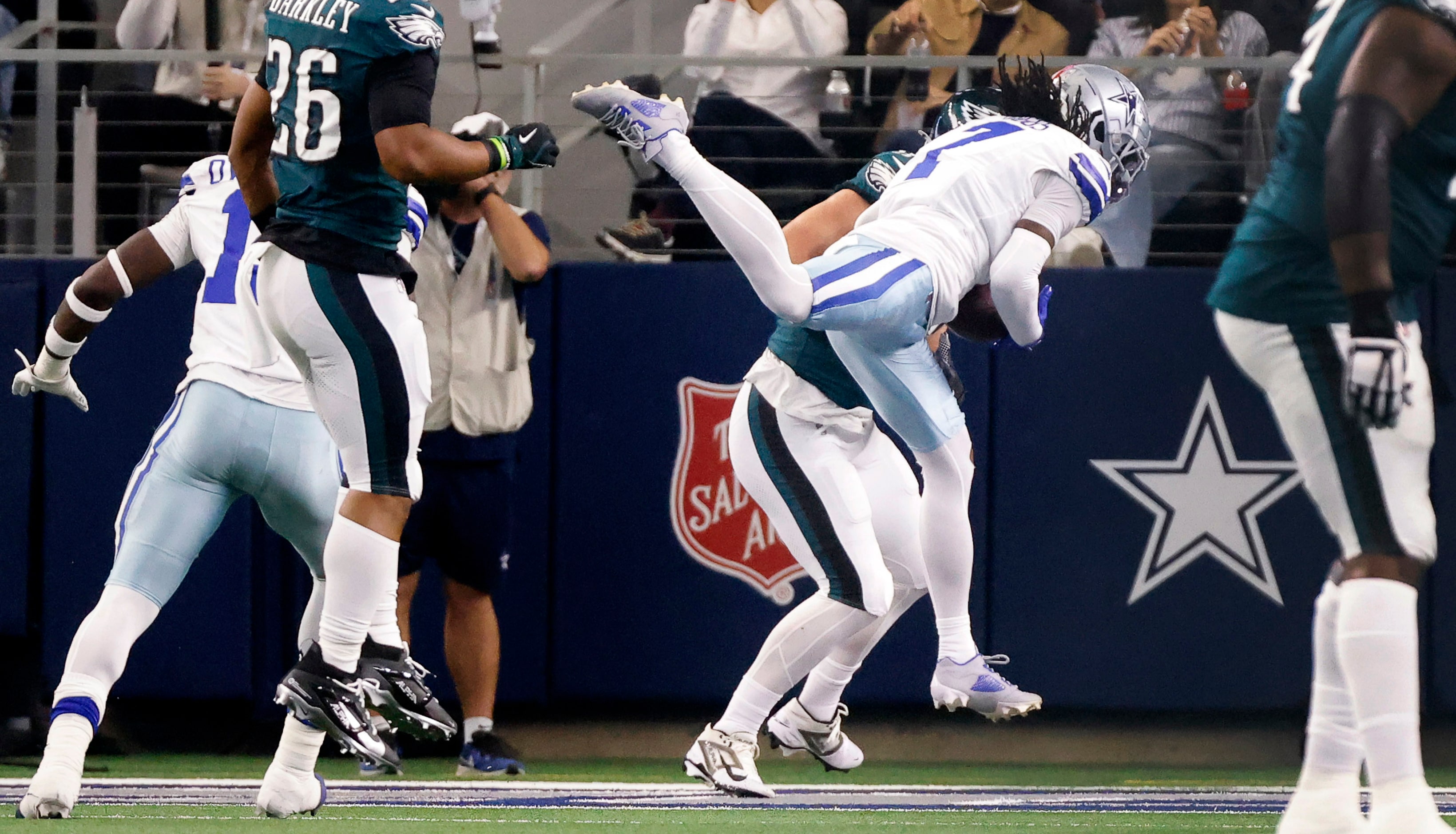 Dallas Cowboys cornerback Trevon Diggs (7) intercepts the ball in the end zone on a pass...