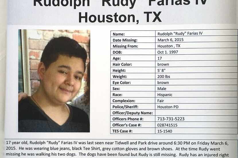 A missing poster for Rudolph "Rudy" Farias IV is shown during the Missing Person Day event...
