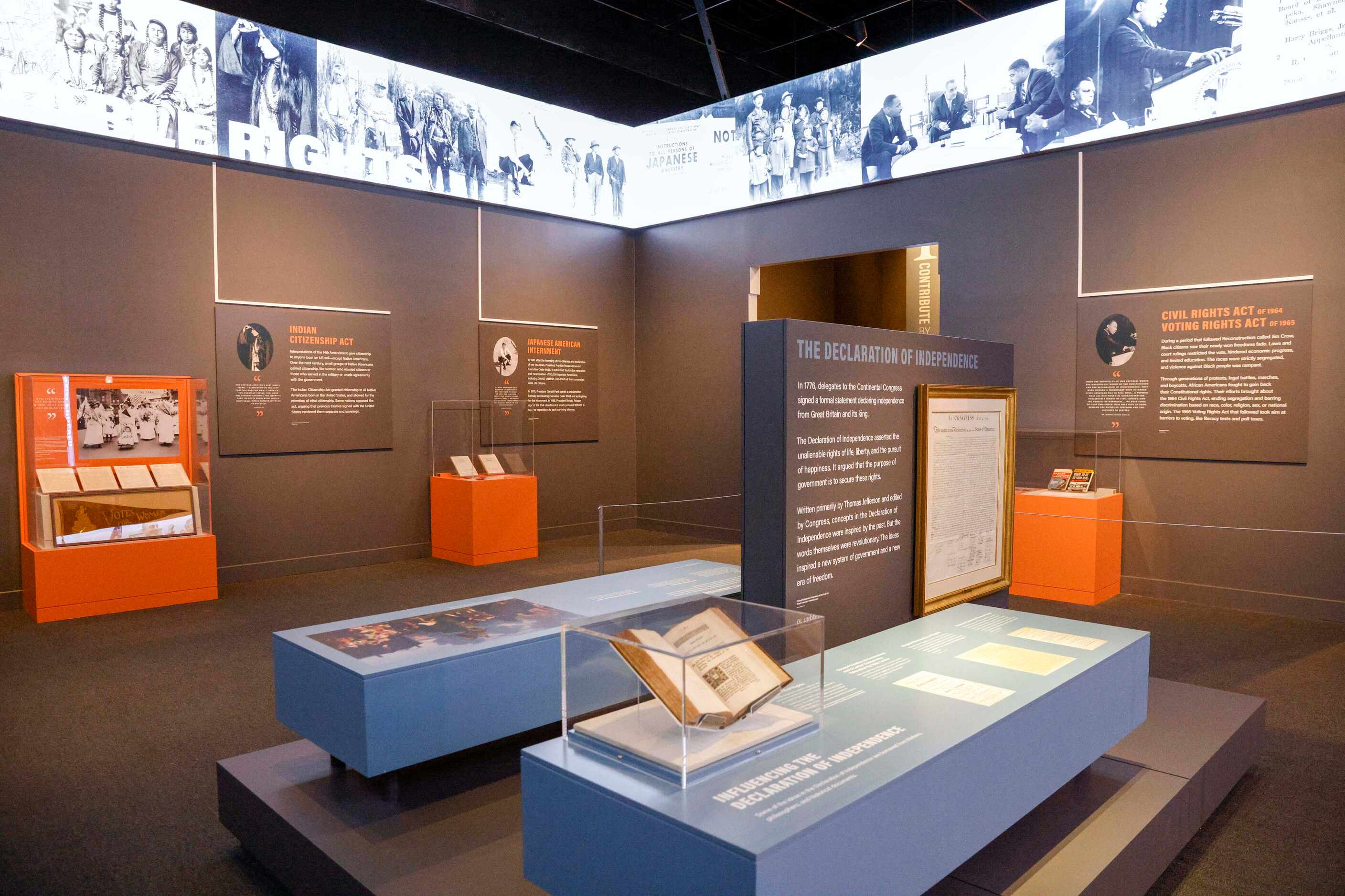 Various documents and historical artifacts are seen on display at the Freedom Matters...