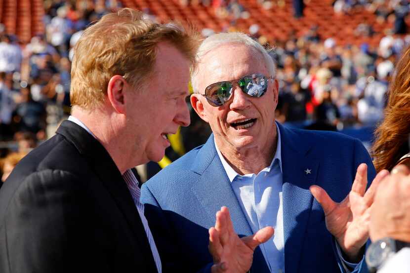 NFL Commissioner Roger Goodell (left) visits with Dallas Cowboys owner Jerry Jones before...