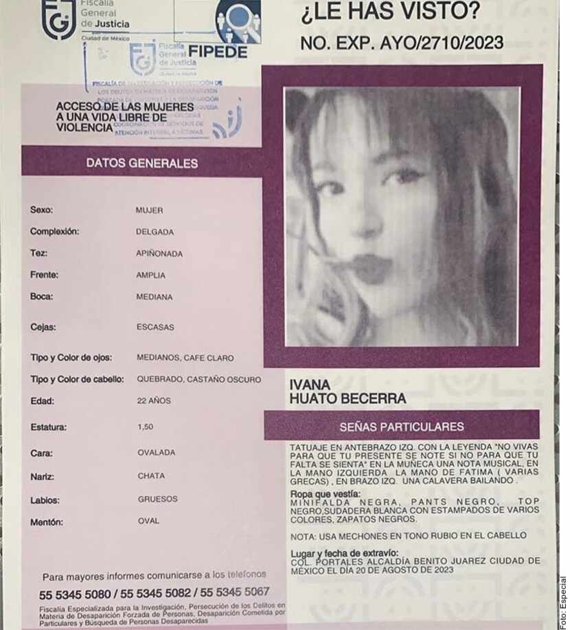 Ficha de búsqueda de Ivana Huato Becerra, de 22 años, desaparecida el 20 de agosto en Baja...