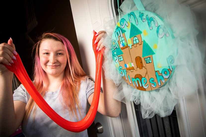 15-year-old Samantha Zumwalt shows off slime she created at her home in Garland on Thursday,...