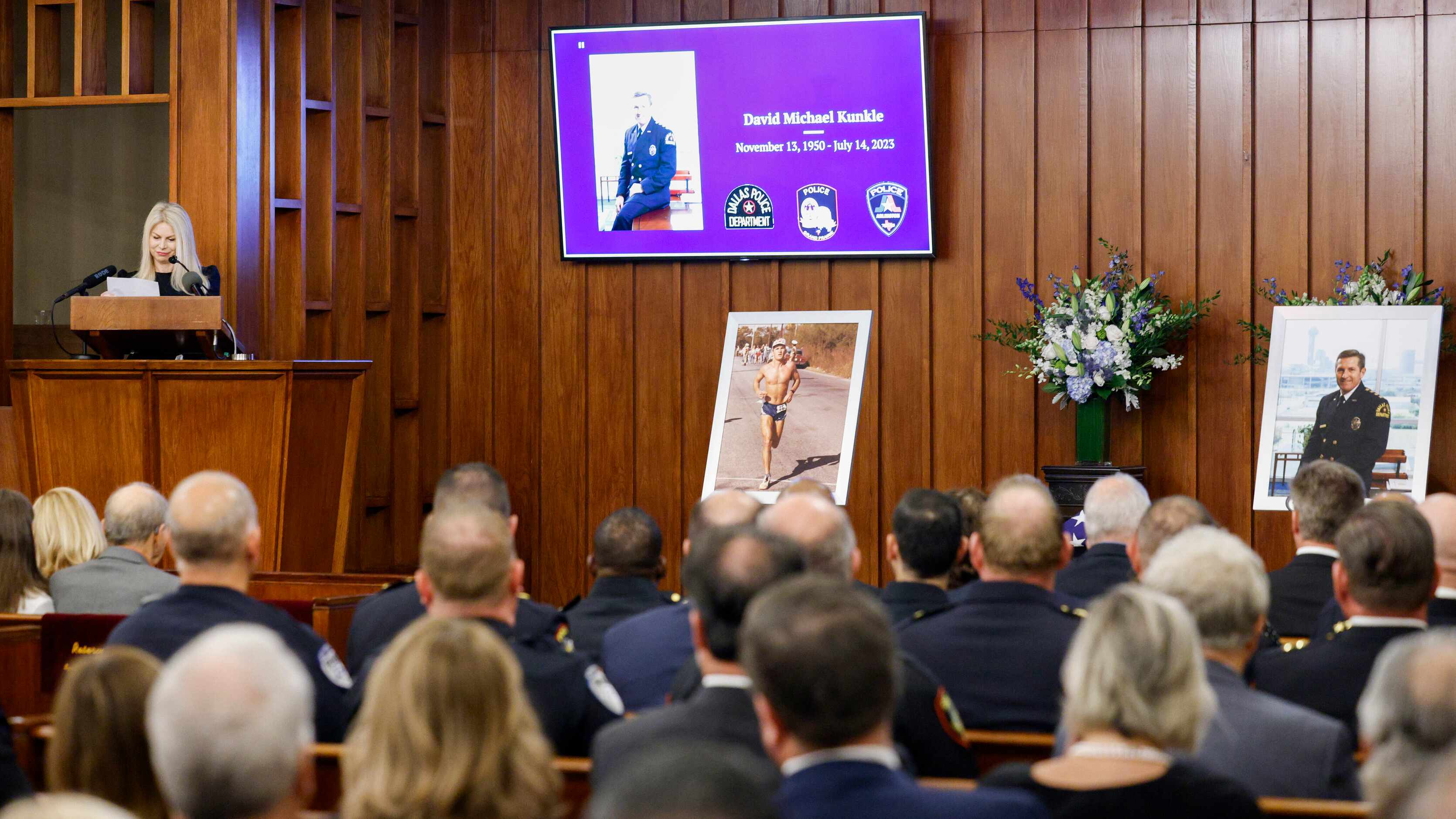 Sarah Dodd eulogizes her husband and former Dallas police Chief David Kunkle during a...
