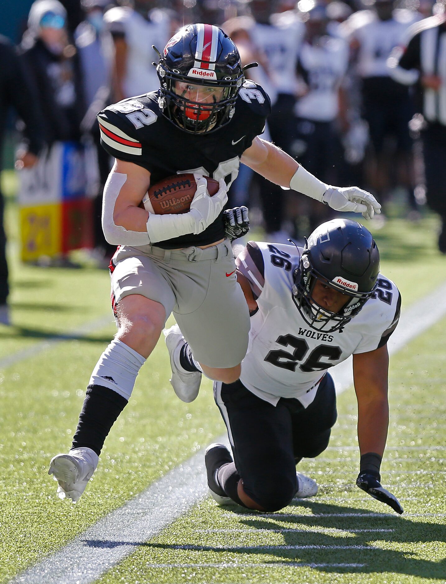 Timberview High School linebacker Ricky Madison (26) saves a touchdown by knocking Lovejoy...