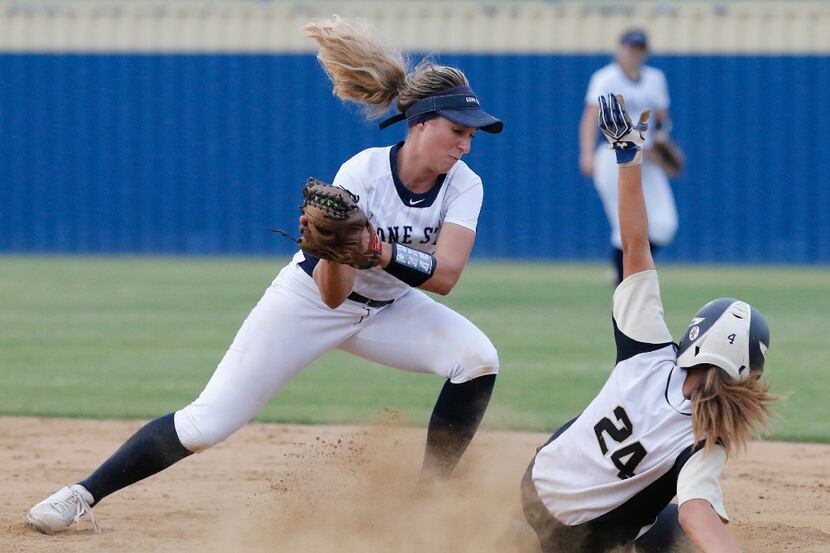 The Colony's Jayda Coleman (24) was safe stealing second base as Lone Star shortstop Carson...