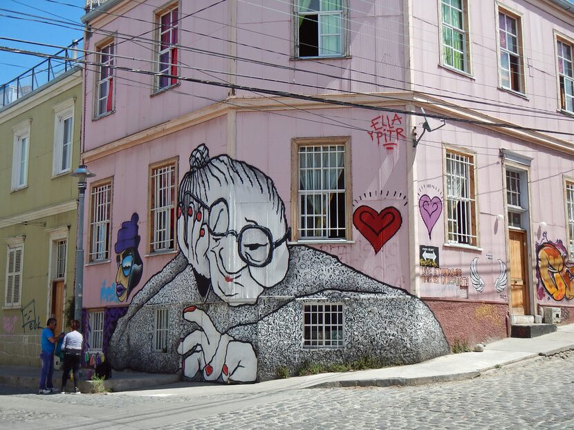 'Granny' mural in Valparaiso, Chile. Artists are Ella and Pitr from Sant Etienne, France 