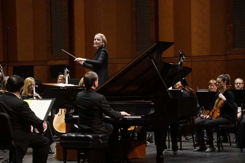 Guest conductor Ruth Reinhardt directs the Fort Worth Symphony and pianist Stephen Hough at...
