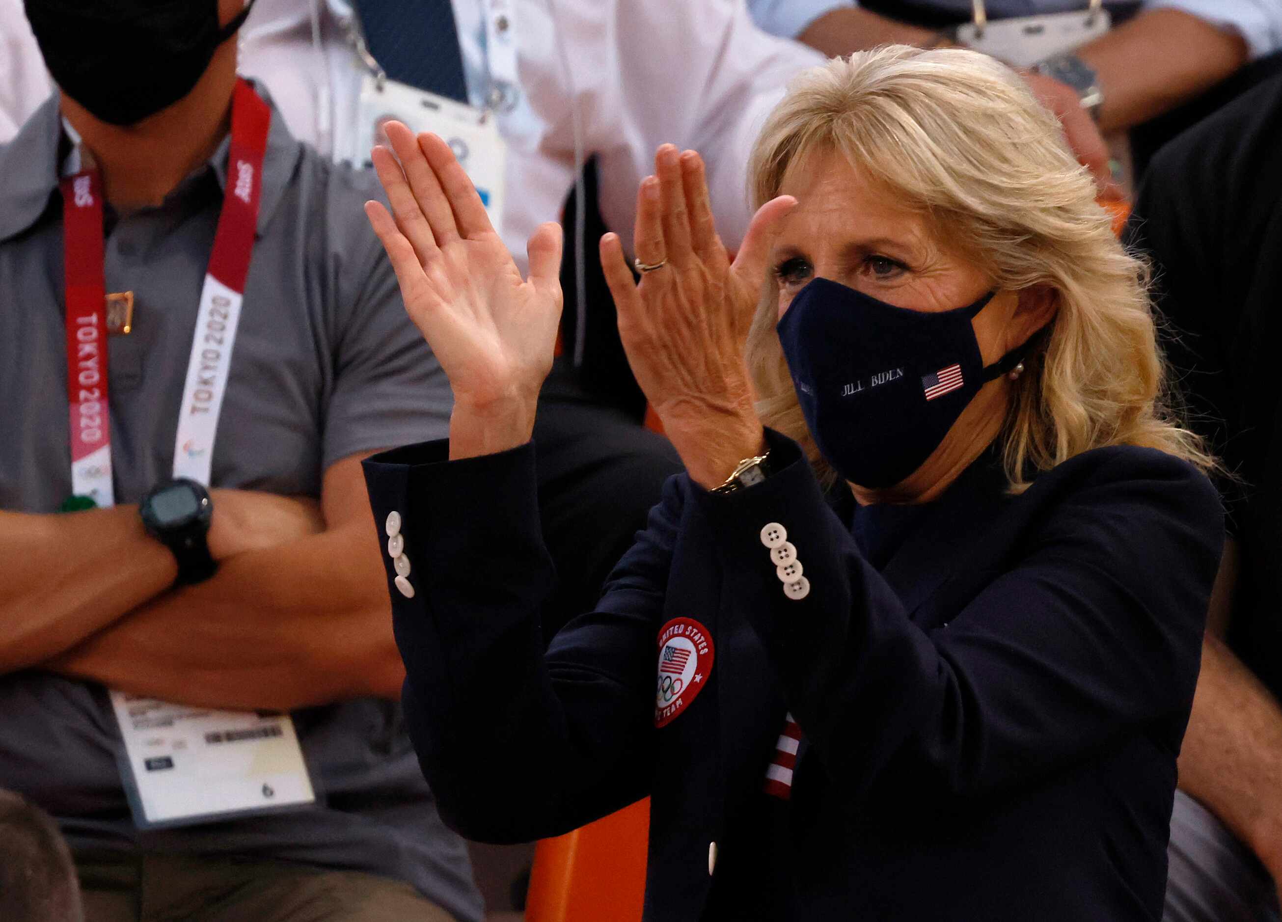 First lady Jill Biden celebrates a victory for USA over France 17-10 in a 3x3 women’s...