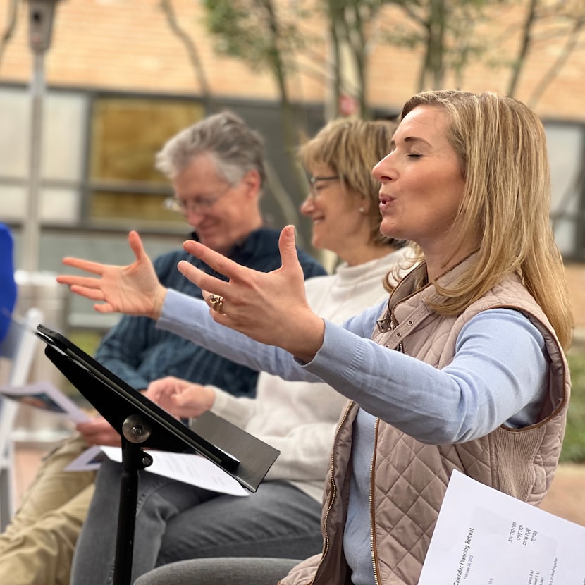 Cantor Vicky Glikin teaches and sings during a lay leadership retreat at Temple Emanu-El.