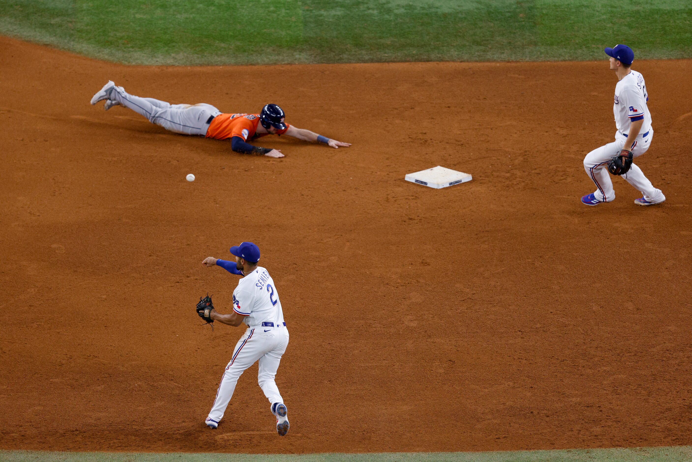 Texas Rangers second baseman Marcus Semien (2) throws to first base after fielding a ground...