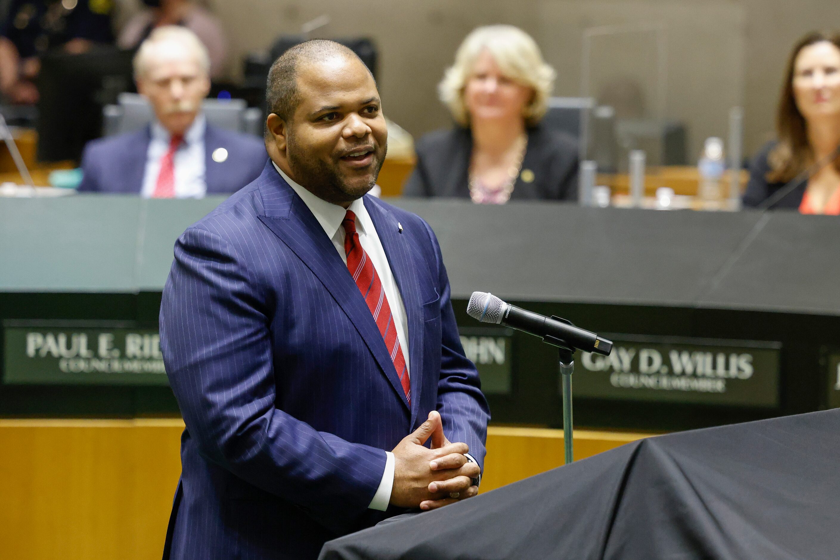 Dallas Mayor Eric Johnson speaks during his state of the city address at City Hall in Dallas...