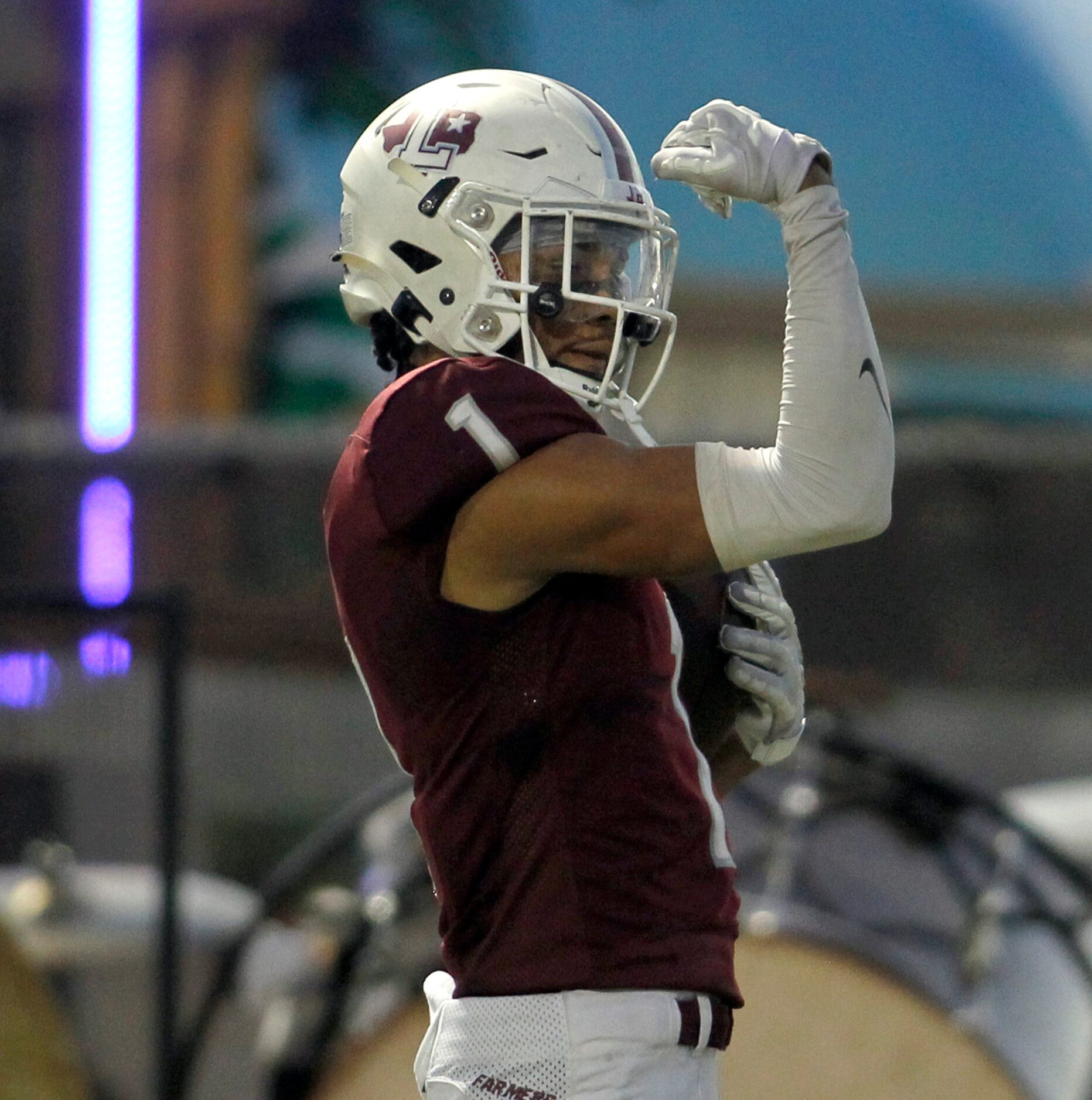 Lewisville receiver Jaydan Hardy (1) reacts in celebration following his second quarter...