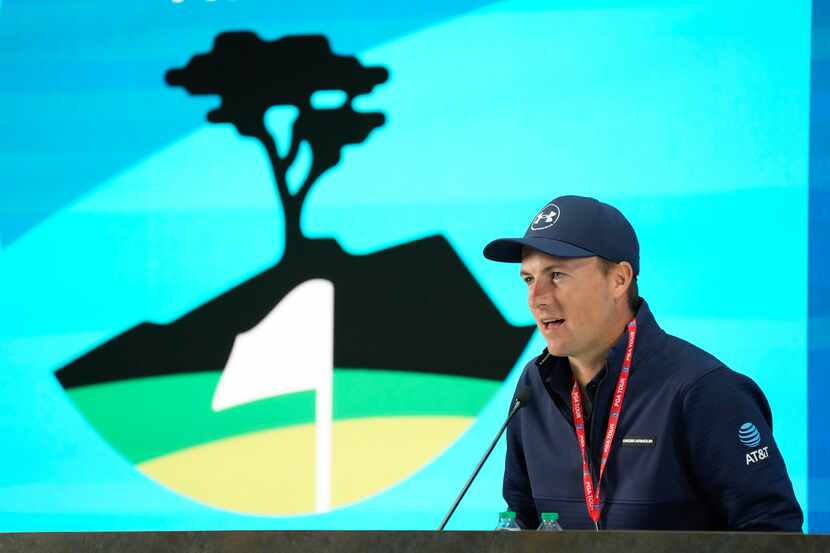Jordan Spieth answers questions during a news conference at the AT&T Pebble Beach National...