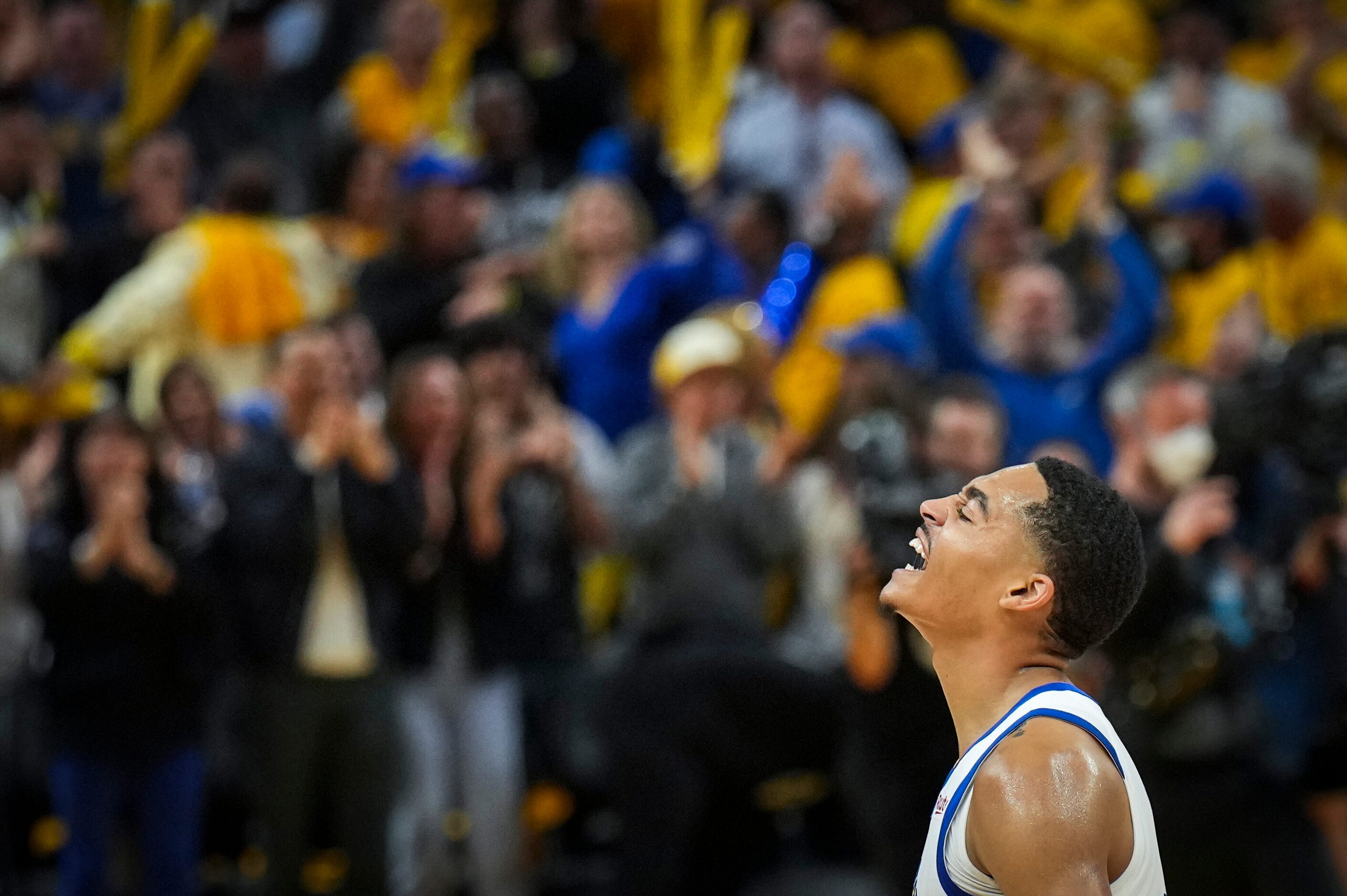 Golden State Warriors guard Jordan Poole (3) celebrates after scoring during the second half...