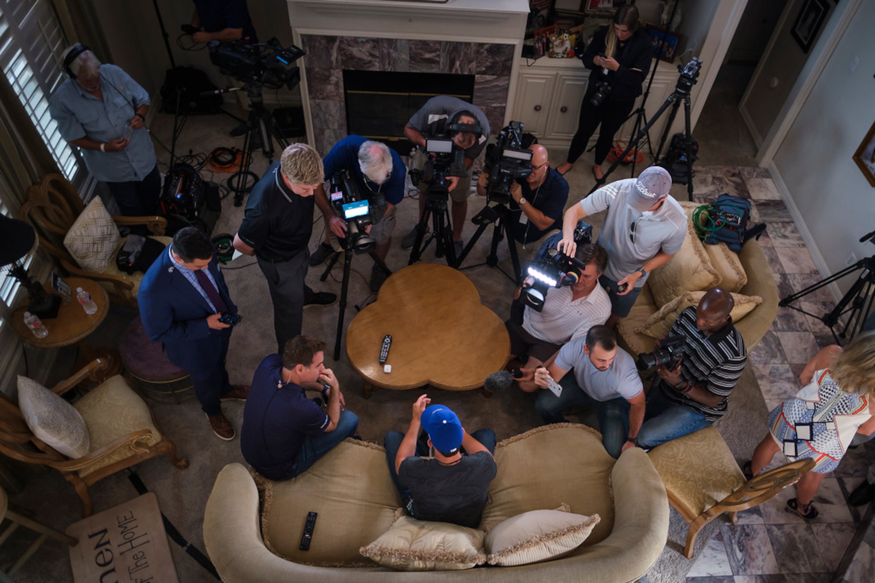 Bobby Witt Jr. is interviewed during a Major League Baseball draft night watch party at his...