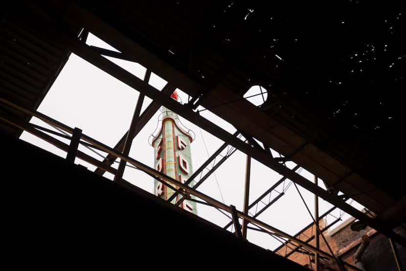 The Forest Theater’s tower, seen from the old lobby area through a temporary opening in the...