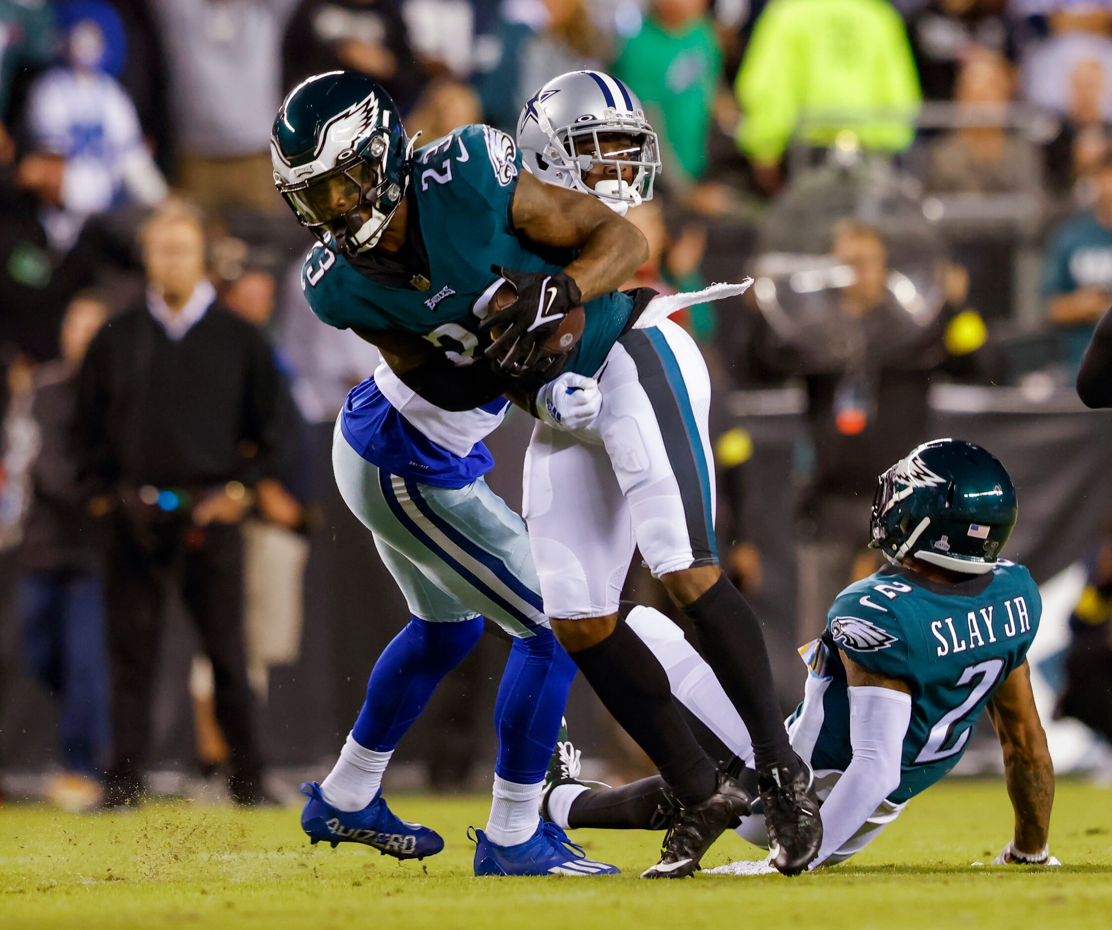 Philadelphia Eagles safety C.J. Gardner-Johnson (23) intercepts a pass intended for Dallas...