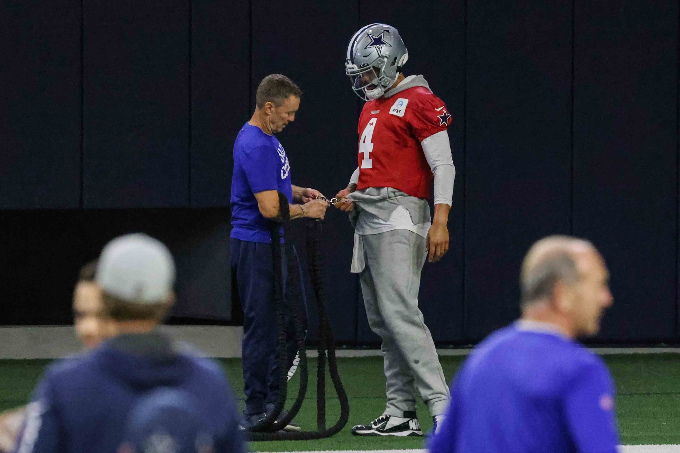 Cowboys' quarterback Dak Prescott #4 during practice at the Ford Center in Frisco on...