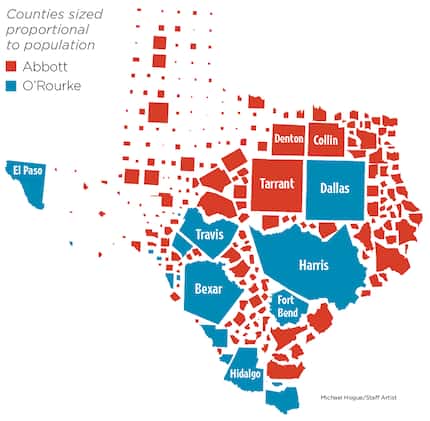 Counties won by either Greg Abbott or Beto O'Rourke, scaled proportionally to population size.