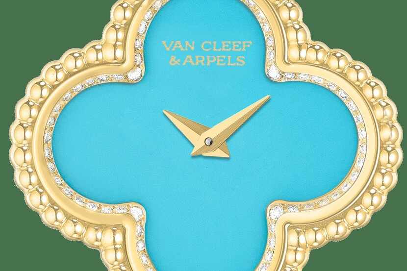 Sweet Alhambra timepiece featuring turquoise and diamonds set in 18K yellow gold by Van...