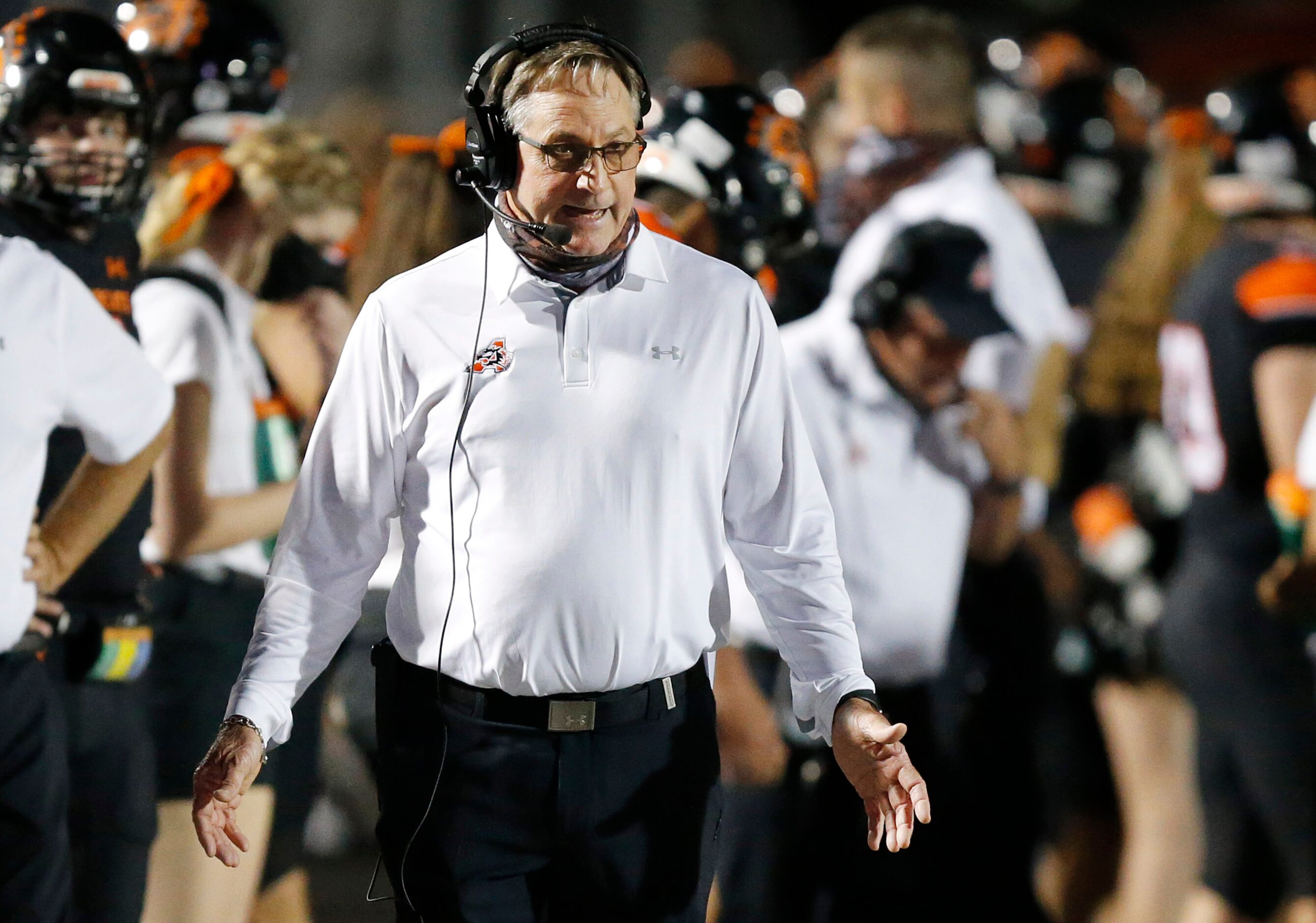 Aledo head coach Tim Buchanan is pictured on the sideline as his team faces Frisco Lone Star...