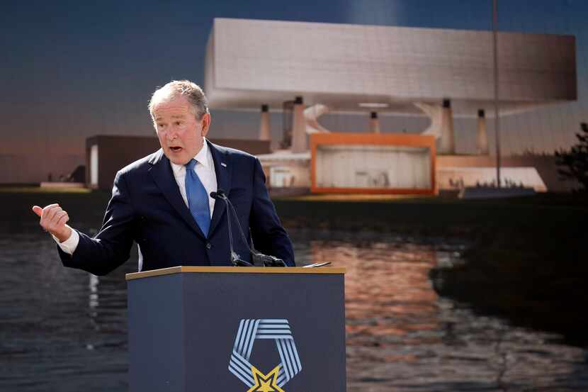 President George W. Bush speaks to those gathered for a groundbreaking ceremony at the...