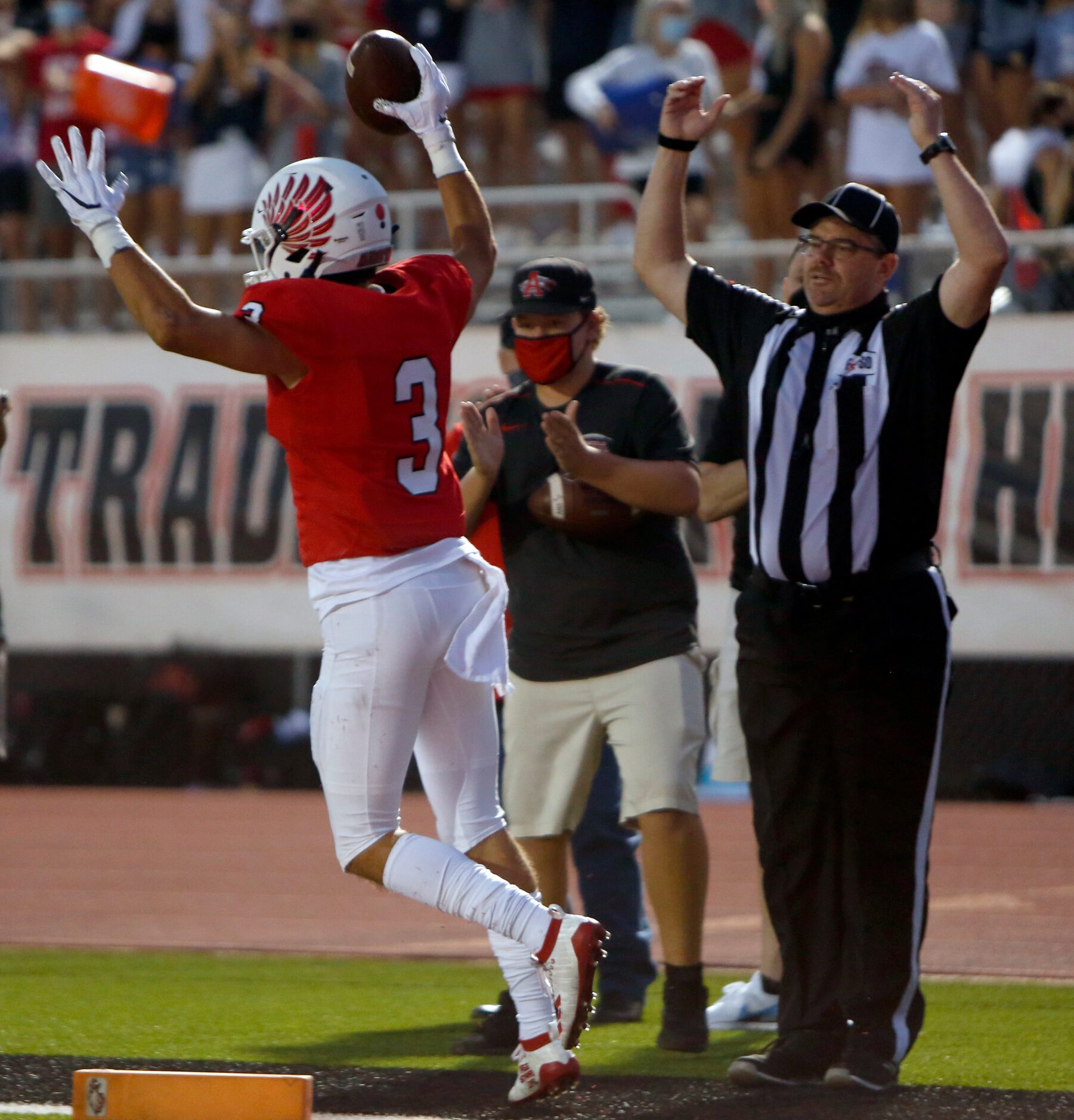 Argyle receiver Cash Walker (3) celebrates a touchdown reception during first quarter action...